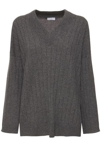 Maglia In Cashmere A Costine Con Scollo A V