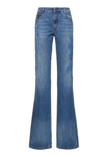 Jeans Vita Media In Denim Con Ricami