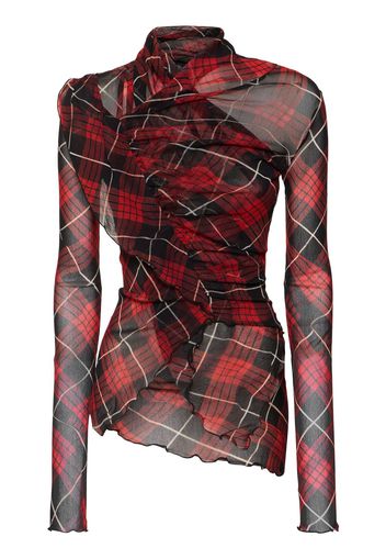 Top Drappeggiato In Mesh Distorted Tartan