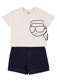 T-shirt In Misto Cotone E Shorts In Denim