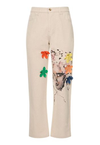 Pantaloni In Twill Di Cotone E Lino Con Stampa