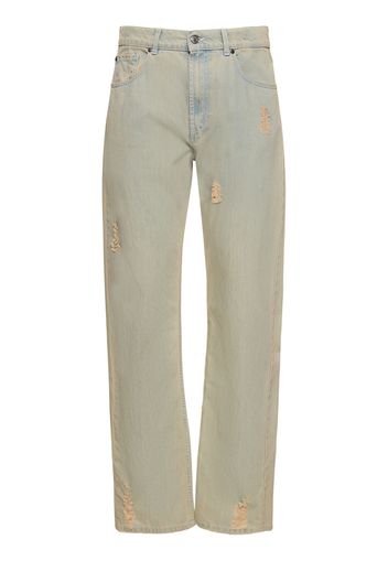 Jeans Dritti In Denim Di Cotone Distressed