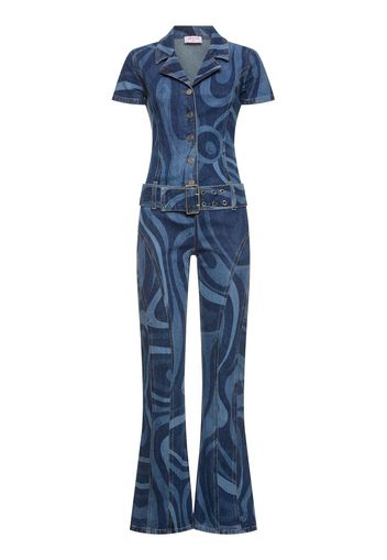 Printed Denim Long Jumpsuit