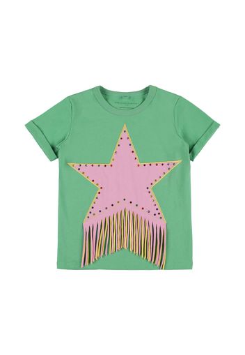 Embellished Cotton T-shirt W/ Fringes