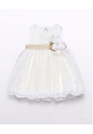 Abito corto avorio in pizzo e organza con gonna a faldoni e fascia oro con fiori e fiocco