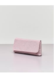 Pochette a busta in tessuto glitter rosa con patta e tracolla a catena removibile