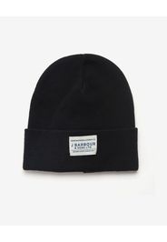 Berretto nero in misto cotone e lana con risvolto e logo patch applicato