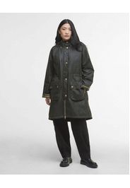 Parka Barbour Marcy verde oliva in cotone cerato con fodera tartan e cappuccio fisso