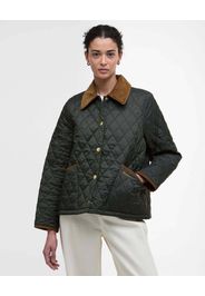 Giacca cropped trapuntata Barbour verde oliva modello Liddesdale con colletto in velluto a coste colore cammello