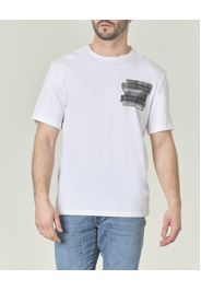 T-shirt bianca in puro cotone fiammato con stampa pennellate e logo sul petto