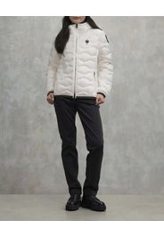 Piumino corto bianco Blauer modello Camelia con cappuccio fisso e imbottitura a onde in vera piuma con patch logo in strass