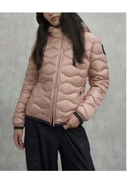Piumino corto rosa cipria Blauer modello Camelia con cappuccio fisso e imbottitura a onde in vera piuma con patch logo in strass