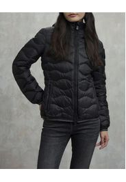 Piumino corto nero Blauer modello Camelia con cappuccio fisso e imbottitura a onde in vera piuma con patch logo in strass