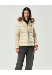 Piumino color avorio Blauer imbottito in piuma naturale con fodera grigia e cappuccio con pelliccia