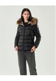 Piumino nero Blauer imbottito in piuma naturale con fodera beige e cappuccio con pelliccia