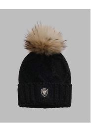 Berretto nero Blauer in misto viscosa a coste con inserti in lurex e pon pon in pelliccia