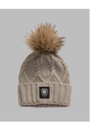 Berretto beige Blauer in misto viscosa a coste con inserti in lurex e pon pon in pelliccia