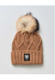 Berretto marrone Blauer in misto viscosa a coste con inserti in lurex e pon pon in pelliccia