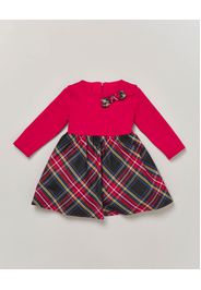 Abito rosso in punto Milano con gonna scozzese e fiocco coordinato 9-36 mesi
