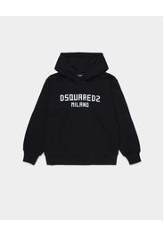 Felpa Dsquared2 nera con cappuccio e scritta logo Milano bianca