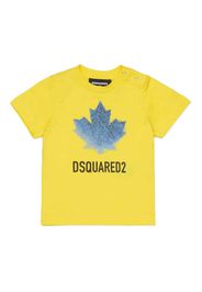 T-shirt Dsquared2 gialla in puro cotone con scritta logo e foglia icon azzurra
