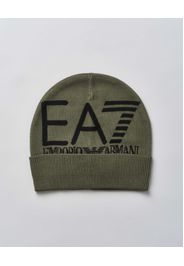 Berretto EA7 verde militare in maglia a costine con risvolto e maxi logo jacquard nero