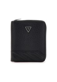 Portafoglio Guess nero in pelle con logo metallico frontale e chiusura zip