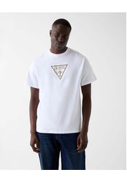 T-shirt Guess bianca in cotone con logo triangolo ricamato