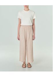 Pantaloni a righe beige e cuoio in misto lino wide leg dal taglio cropped