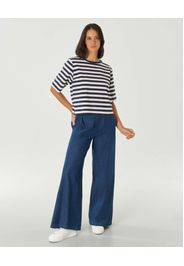 T-shirt blu a righe color avorio in cotone stretch con maniche al gomito e spacchetti laterali