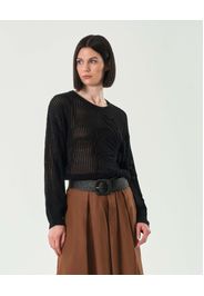 Maglia nera a rete in misto cotone con maxi ricamo floreale sul fianco