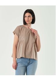 Blusa beige in misto cotone a righe nere e bianche con taglio baby e maniche ad aletta
