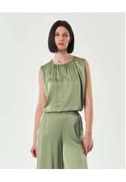 Blusa verde militare chiaro senza maniche in viscosa e seta con arricciature lungo lo scollo