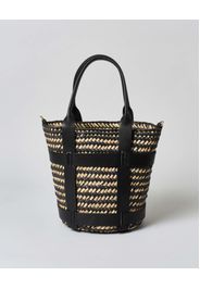 Secchiello Hlo! in raffia intrecciata inserto in pelle liscia nera