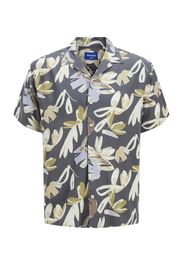 Camicia bowling a mezze maniche antracite a fantasia floreale azzurra e verde militare in viscosa