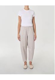 Pantaloni a quadretti vichy bianchi e beige in bengalina di viscosa stretch dalla linea a pagliaccio