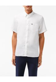 Camicia Lacoste bianca mezza manica button down in puro lino con taschino