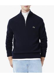 Maglia Lacoste blu in lambswool di pura lana a collo alto e apertura a mezza zip