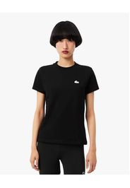 T-shirt nera Lacoste in cotone stretch con scollo tondo e logo bianco gommato cucito sul petto