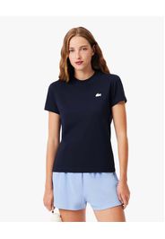 T-shirt blu Lacoste in cotone stretch con scollo tondo e logo bianco gommato cucito sul petto
