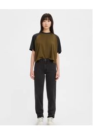 Mom jeans in cotone nero effetto lavato a vita alta