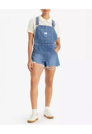 Salopette blu medio in cotone con pantaloncini corti sfrangiati al fondo