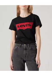 T-shirt girocollo nero in puro cotone con maxi-logo batwig rosso stampato sul petto