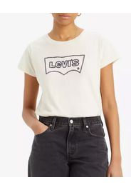 T-shirt color ecrù in cotone con scritta logo blu ricamata sul davanti