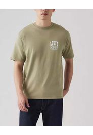 T-shirt verde militare mezza manica con logo piccolo sul petto e grafica logo vintage sul retro