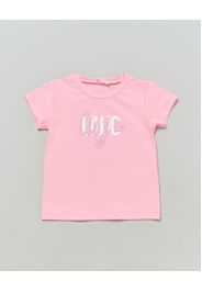 T-shirt rosa in cotone stretch a maniche corte con stampa logo bianca con strass