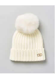 Berretto Liu Jo bianco a coste con pompon in pelliccia