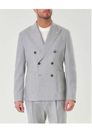 Giacca doppiopetto grigia in flanella di lana stretch con rever a lancia e tasche applicate