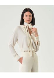 Camicia bianca Marella in crêpe de chine di misto seta con dettaglio floreale al collo
