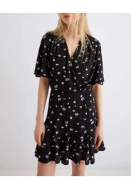 Abito corto nero Marella in jersey stretch a stampa fiori grigi con maniche corte e scollo a V incrociato